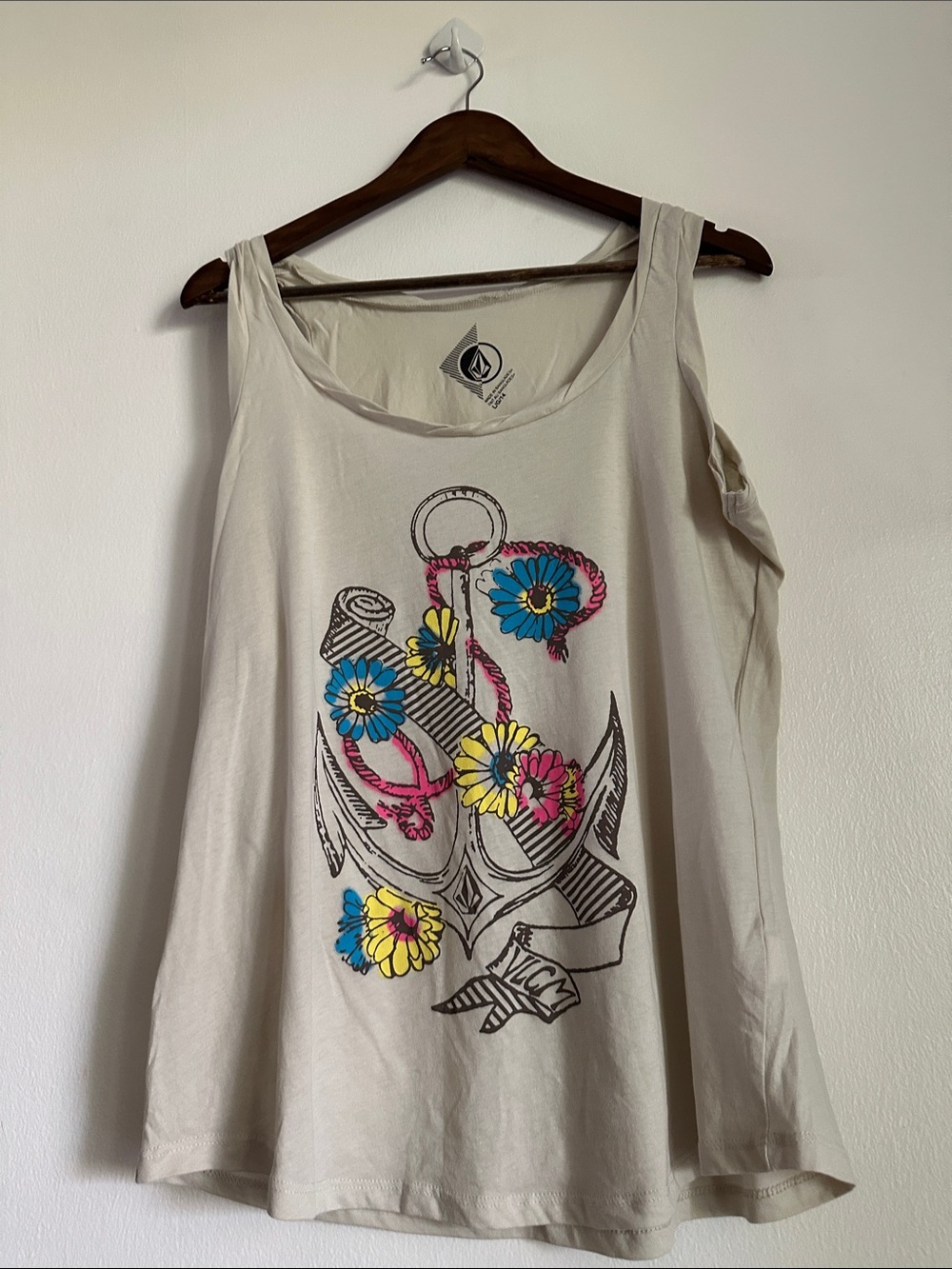 Volcom Cream Tank Top with Colorful Floral Anchor Graphic